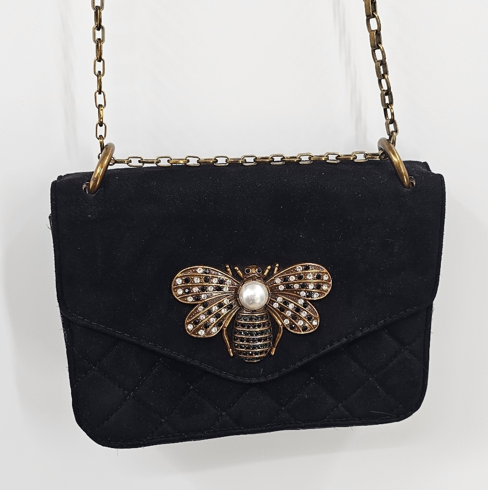 Parfois Velvet Elegant Black Crossbody Bag with Bee Accent